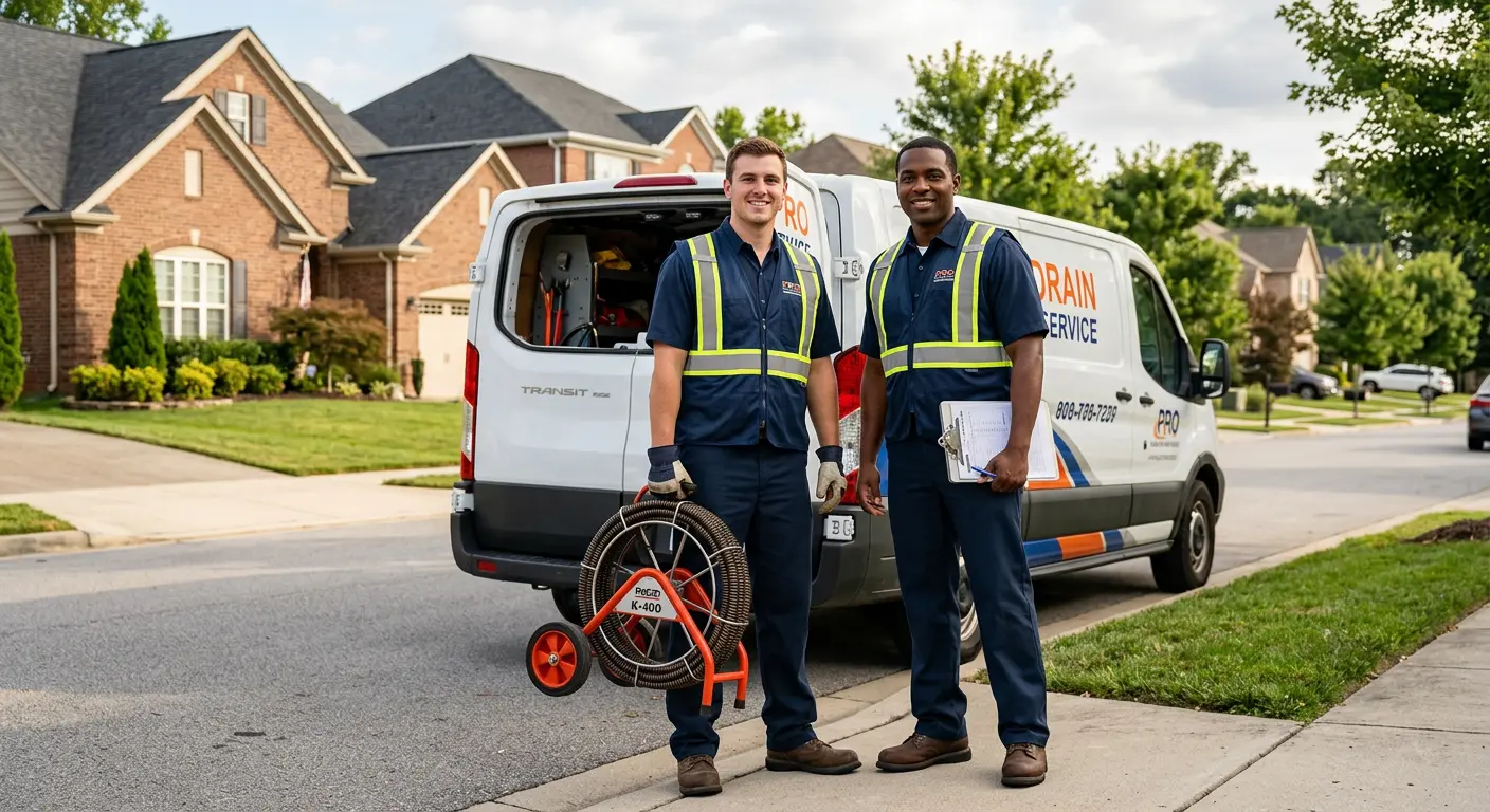 Sewer and drain service team with equipment ready for work in Hollymead