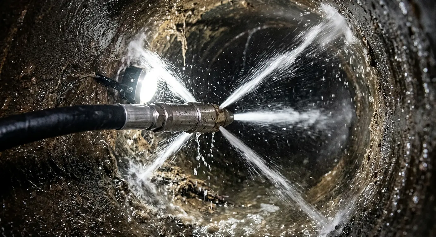 High-pressure hydro jetting nozzle cleaning sewer pipe for Sewer Cleanout in Hollymead