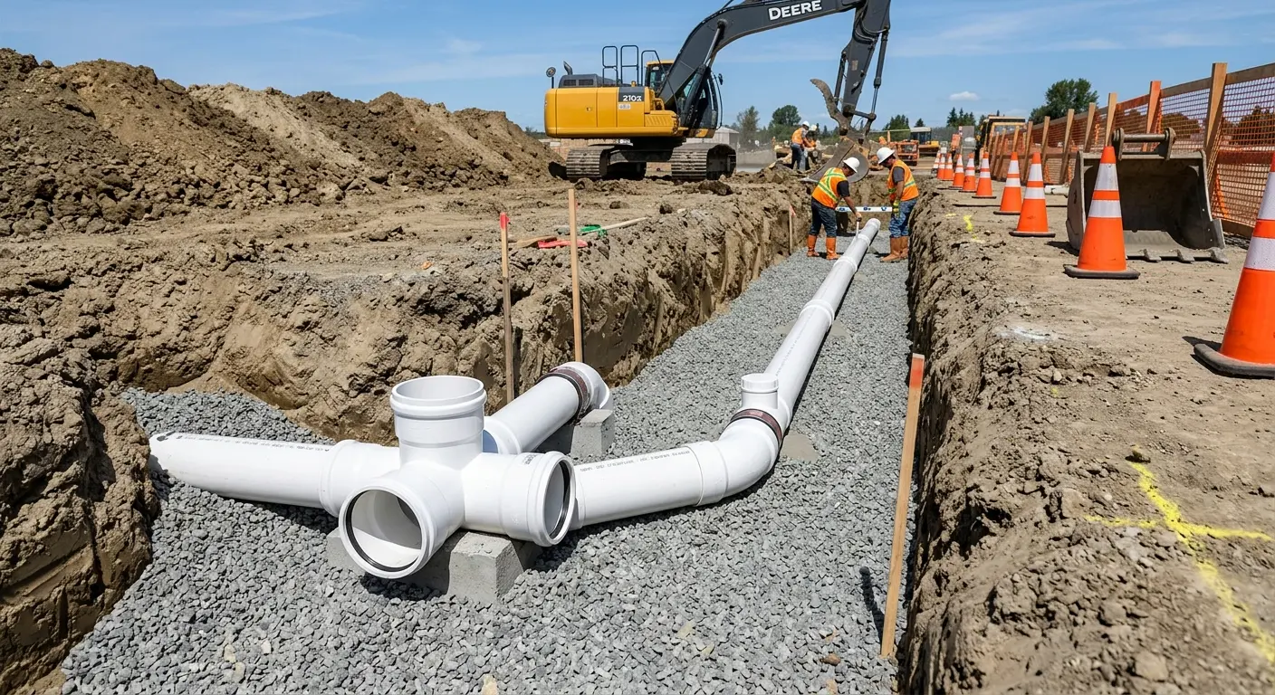 New PVC sewer pipe installation in open trench for Grease Trap Cleaning in Hollymead